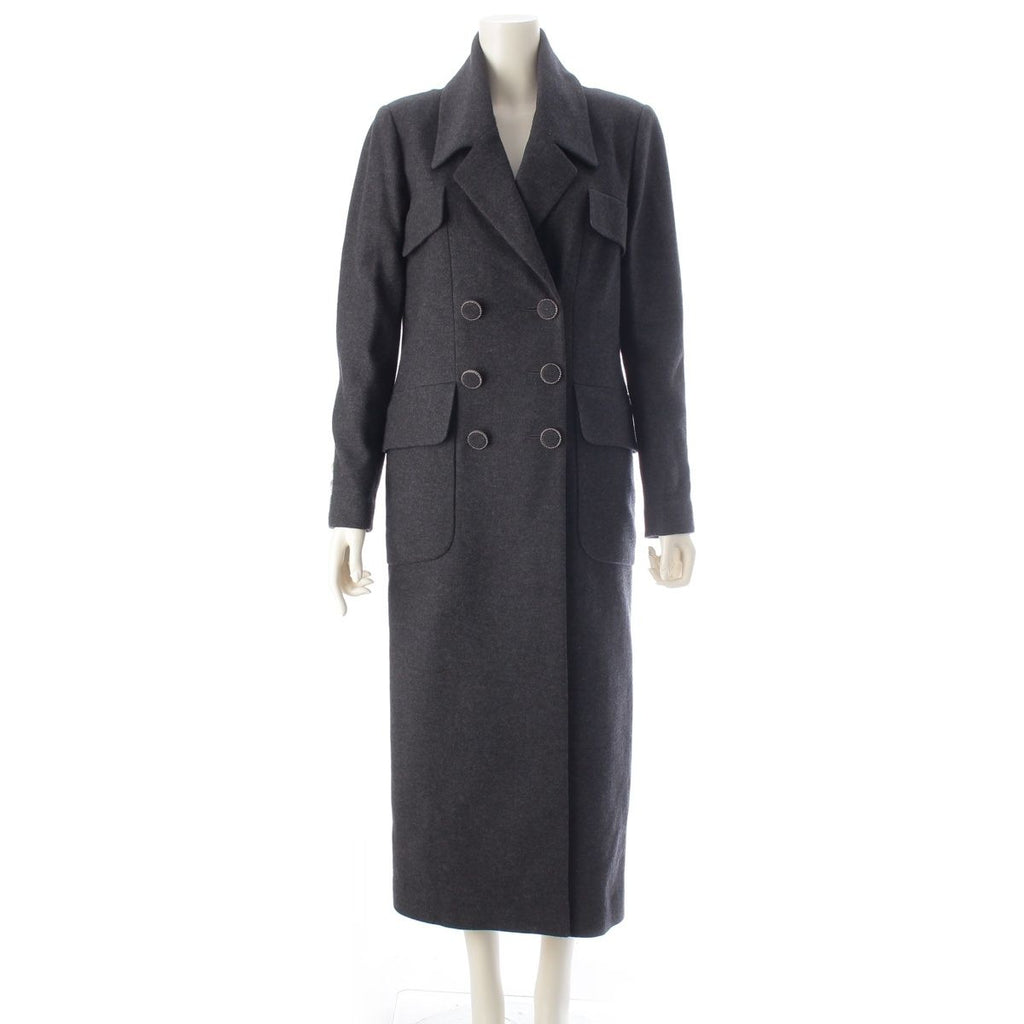 CHANEL Wool Silk Coco Mark Button Double Long Coat P55201 Grey Size 42