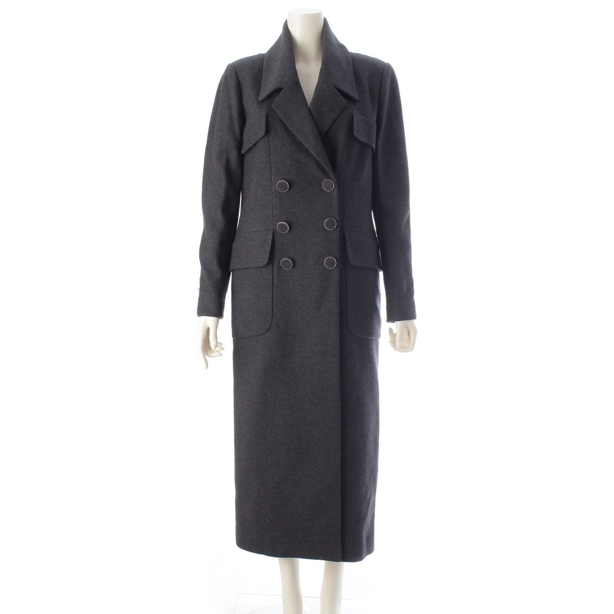 CHANEL Wool Silk Coco Mark Button Double Long Coat P55201 Grey Size 42