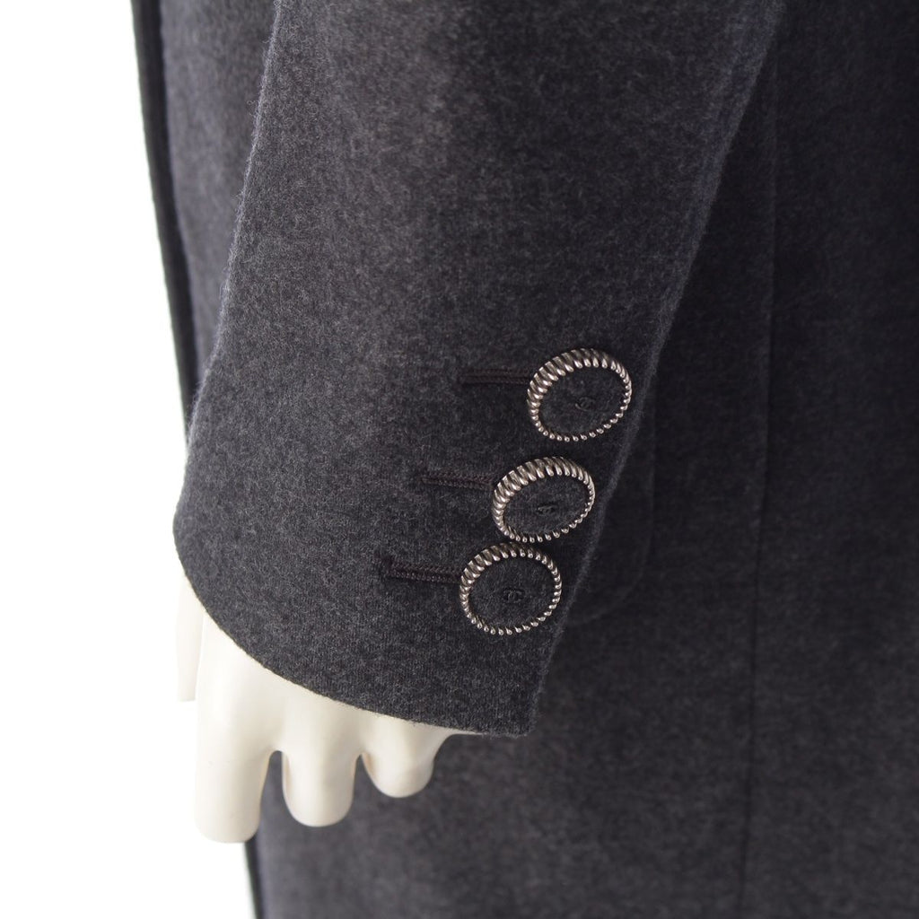 CHANEL Wool Silk Coco Mark Button Double Long Coat P55201 Grey Size 42