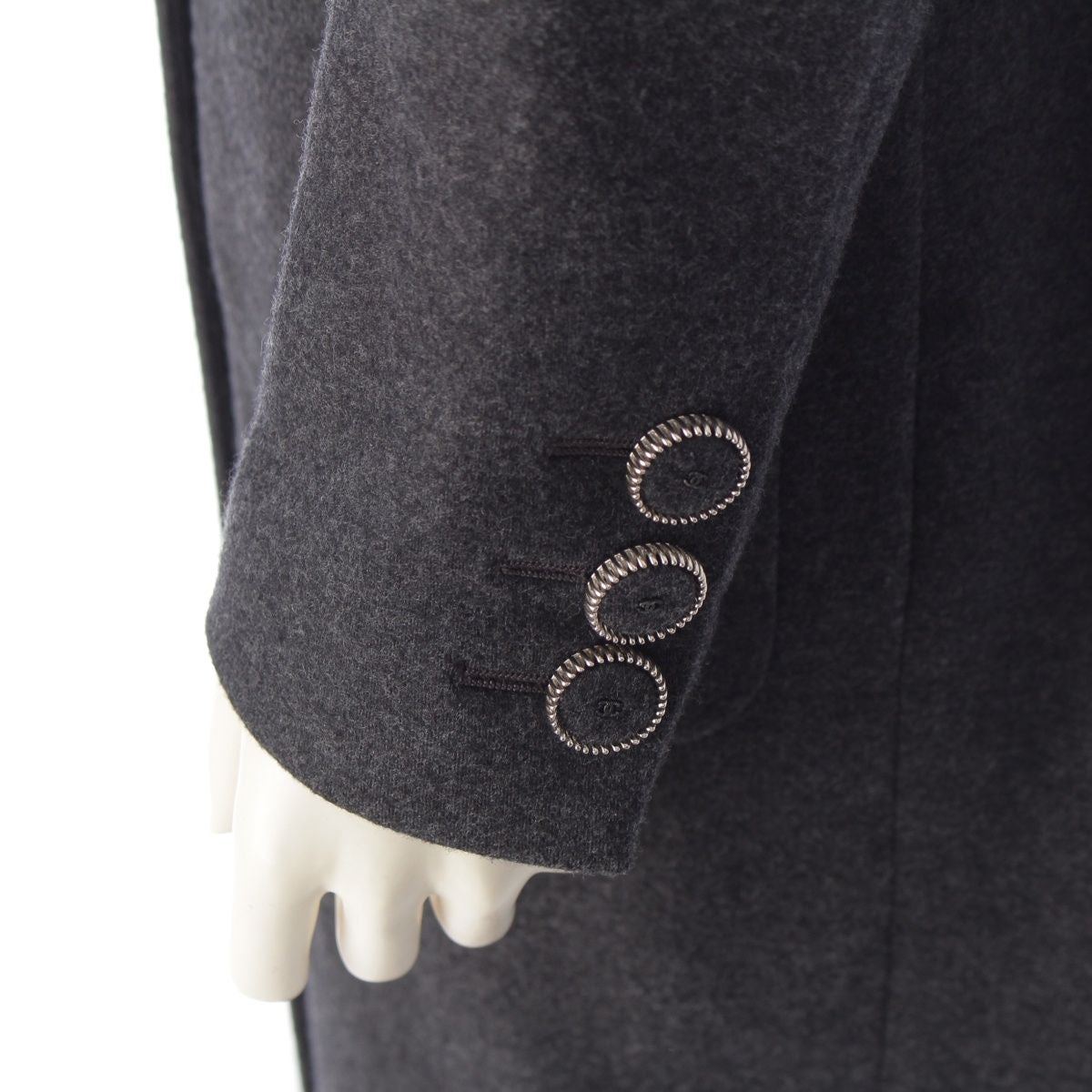 CHANEL Wool Silk Coco Mark Button Double Long Coat P55201 Grey Size 42