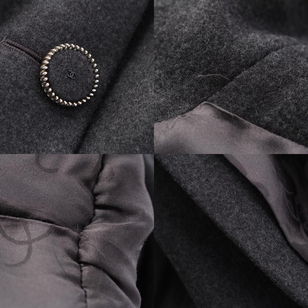 CHANEL Wool Silk Coco Mark Button Double Long Coat P55201 Grey Size 42