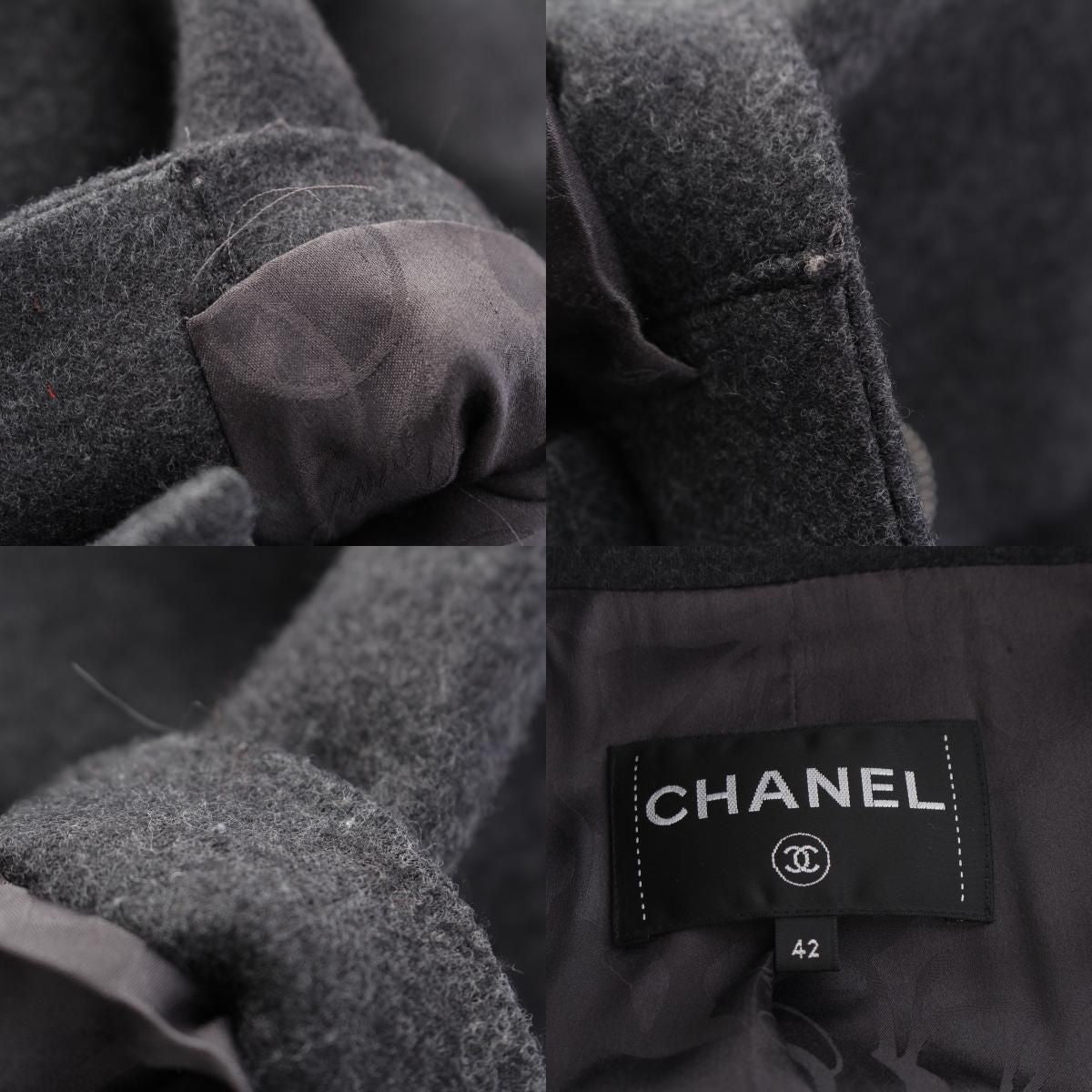 CHANEL Wool Silk Coco Mark Button Double Long Coat P55201 Grey Size 42