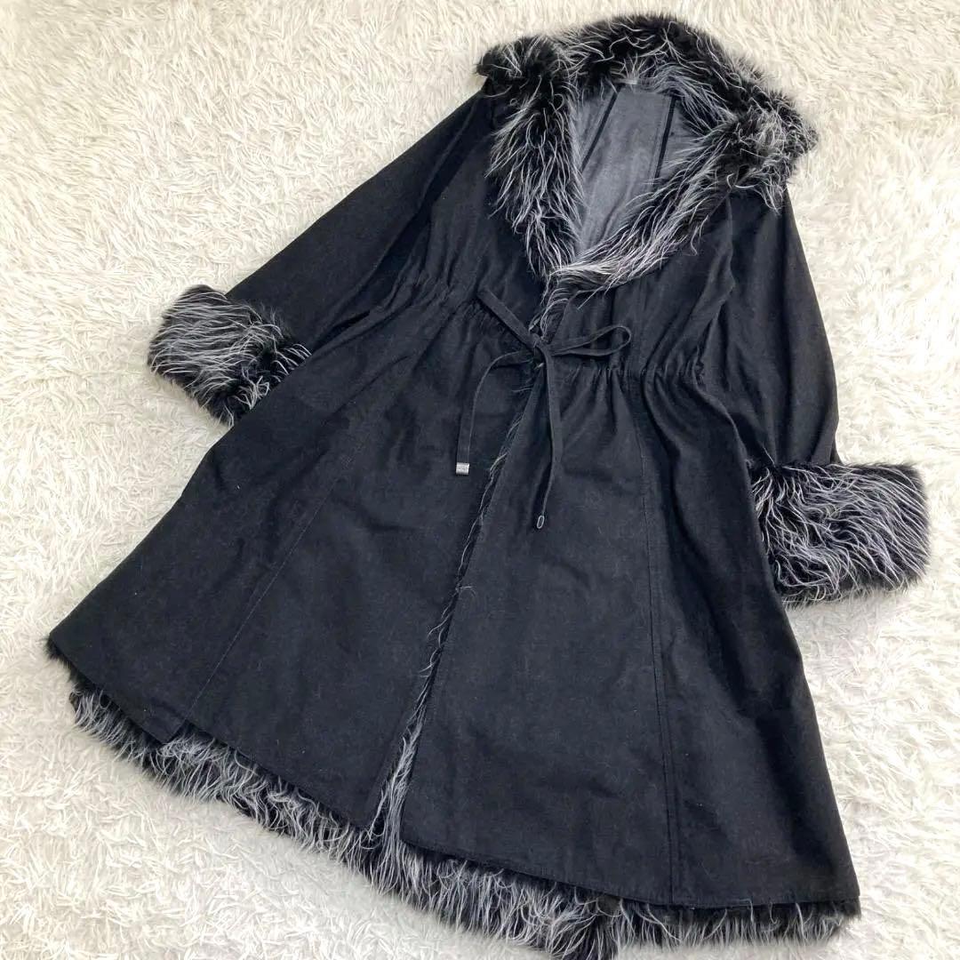 CHANEL Fur Denim Long Coat with Waist Ribbon Size 38