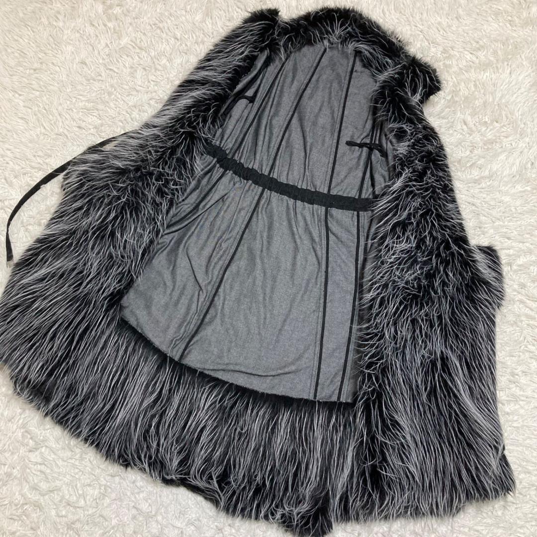 CHANEL Fur Denim Long Coat with Waist Ribbon Size 38