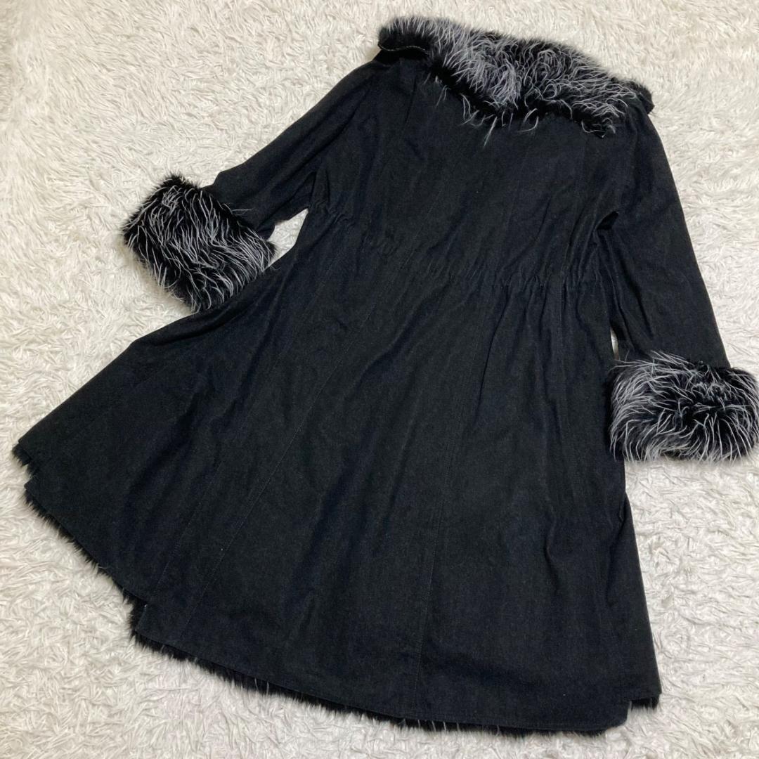 CHANEL Fur Denim Long Coat with Waist Ribbon Size 38