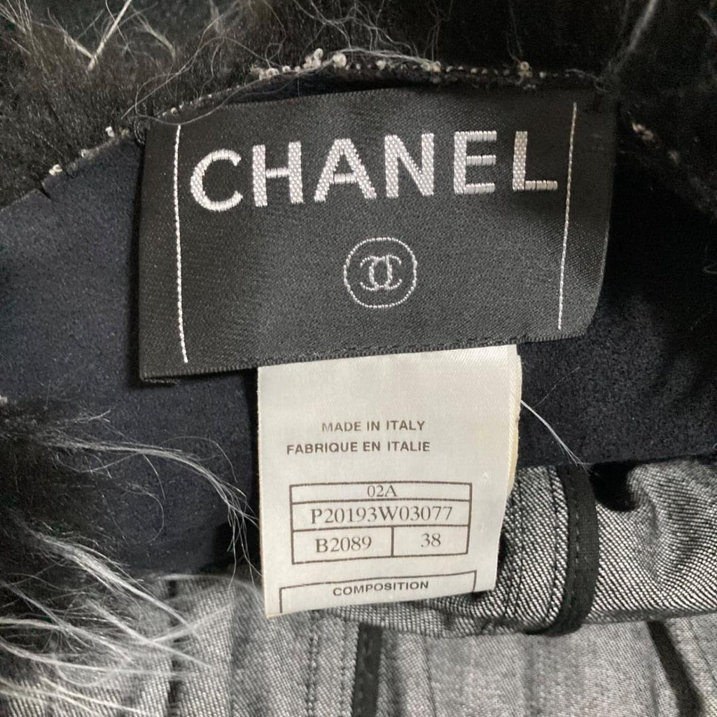 CHANEL Fur Denim Long Coat with Waist Ribbon Size 38