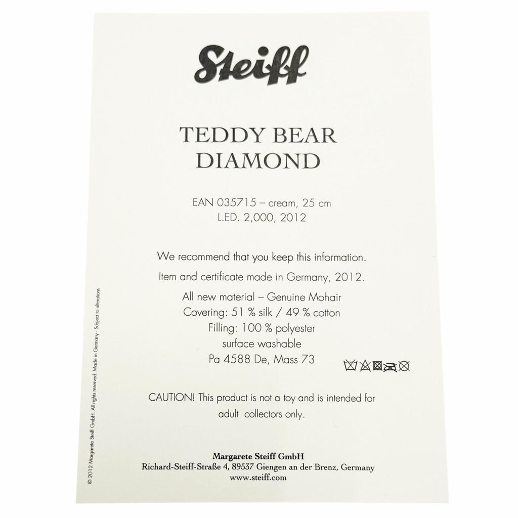 Steiff Diamond Teddy Bear 035715 2012 Limited Edition 2000pcs Swarovski Crystal Decoration Ivory