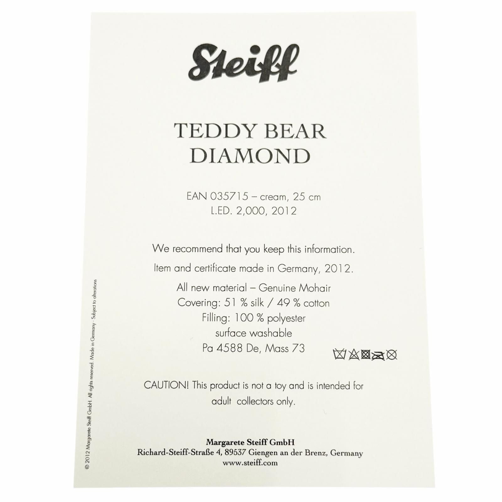Steiff Diamond Teddy Bear 035715 2012 Limited Edition 2000pcs Swarovski Crystal Decoration Ivory