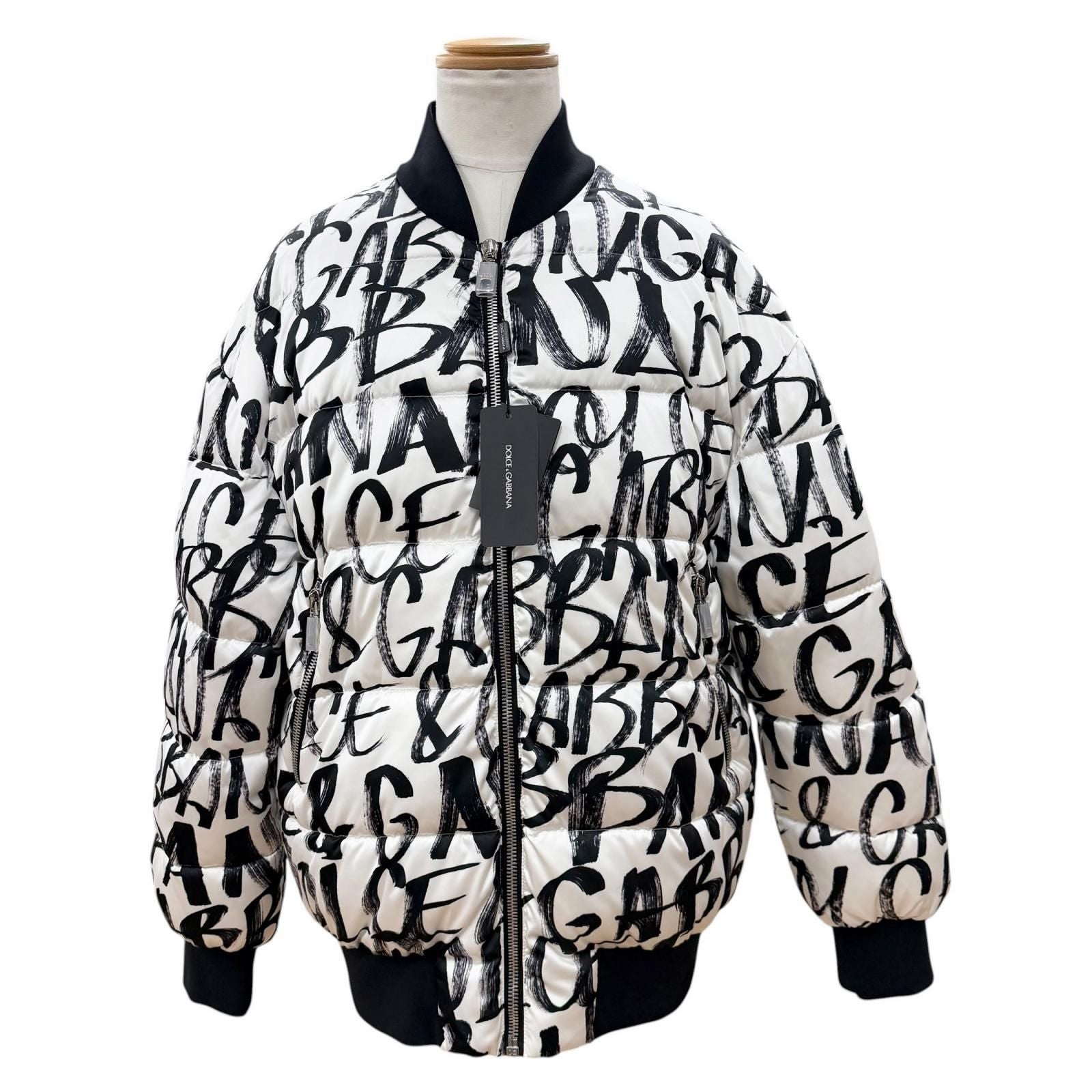 DOLCE & GABBANA Graffiti Zip-Up Padded Bomber Jacket G9YN8T Black Tag White & Black Men's Size S