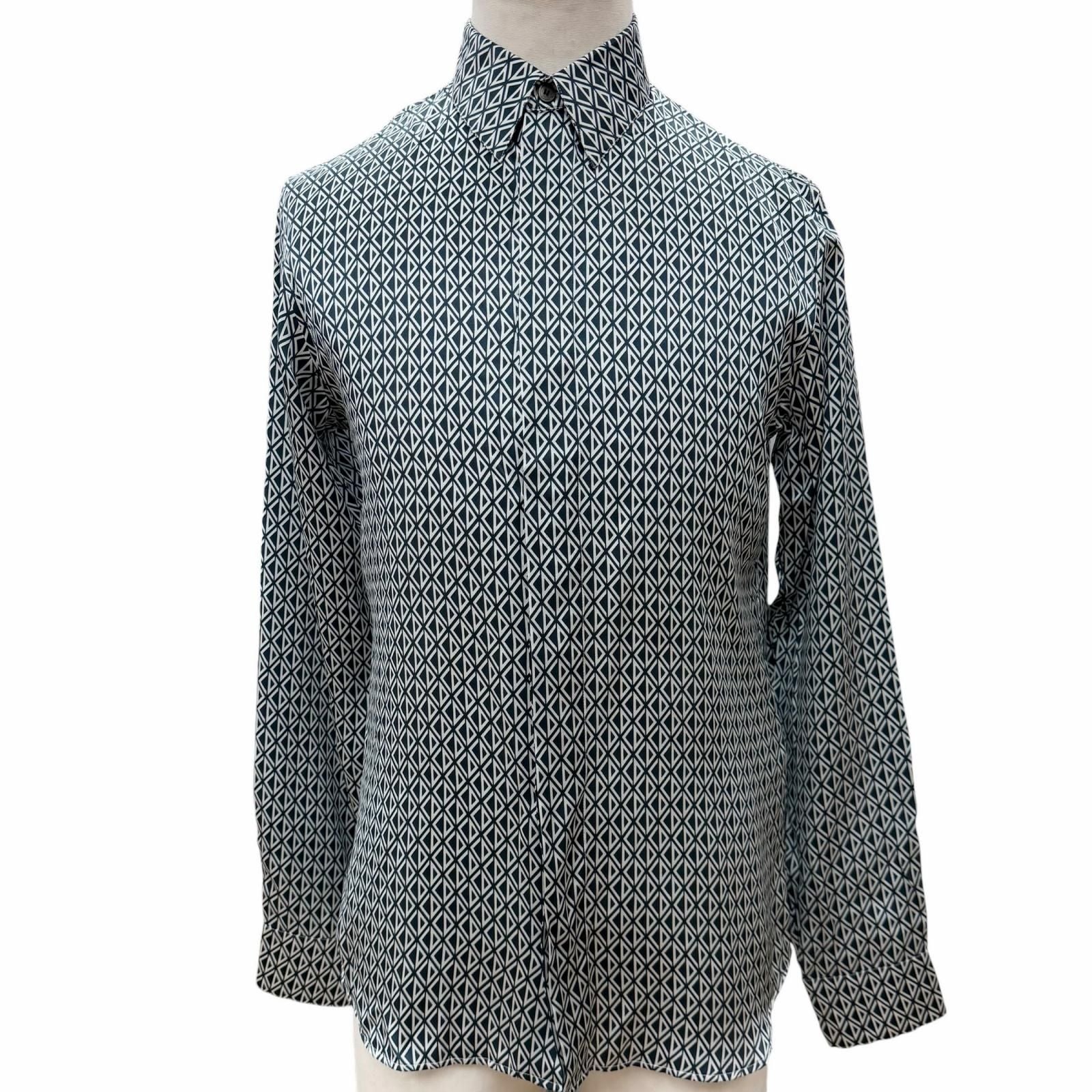 DIOR HOMME Silk 100% CD Diamond Fly-Front Long Sleeve Shirt 0130C502A5106 Navy Men's Size 38