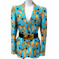 GUCCI Silk Blend All-Over Logo Lip Print Double Breasted Jacket 740422 Blue Women's Size 38
