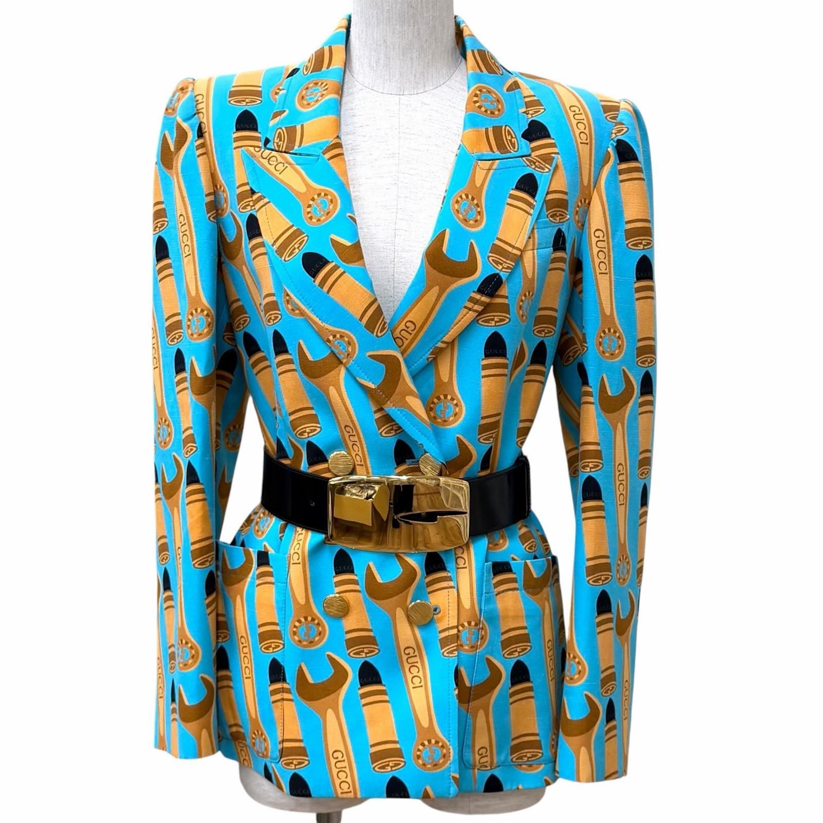 GUCCI Silk Blend All-Over Logo Lip Print Double Breasted Jacket 740422 Blue Women's Size 38