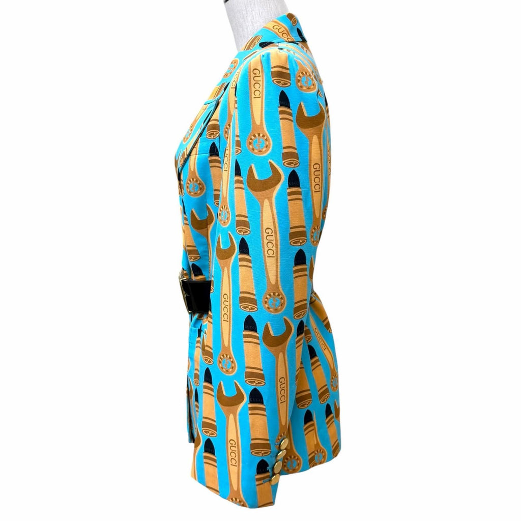 GUCCI Silk Blend All-Over Logo Lip Print Double Breasted Jacket 740422 Blue Women's Size 38