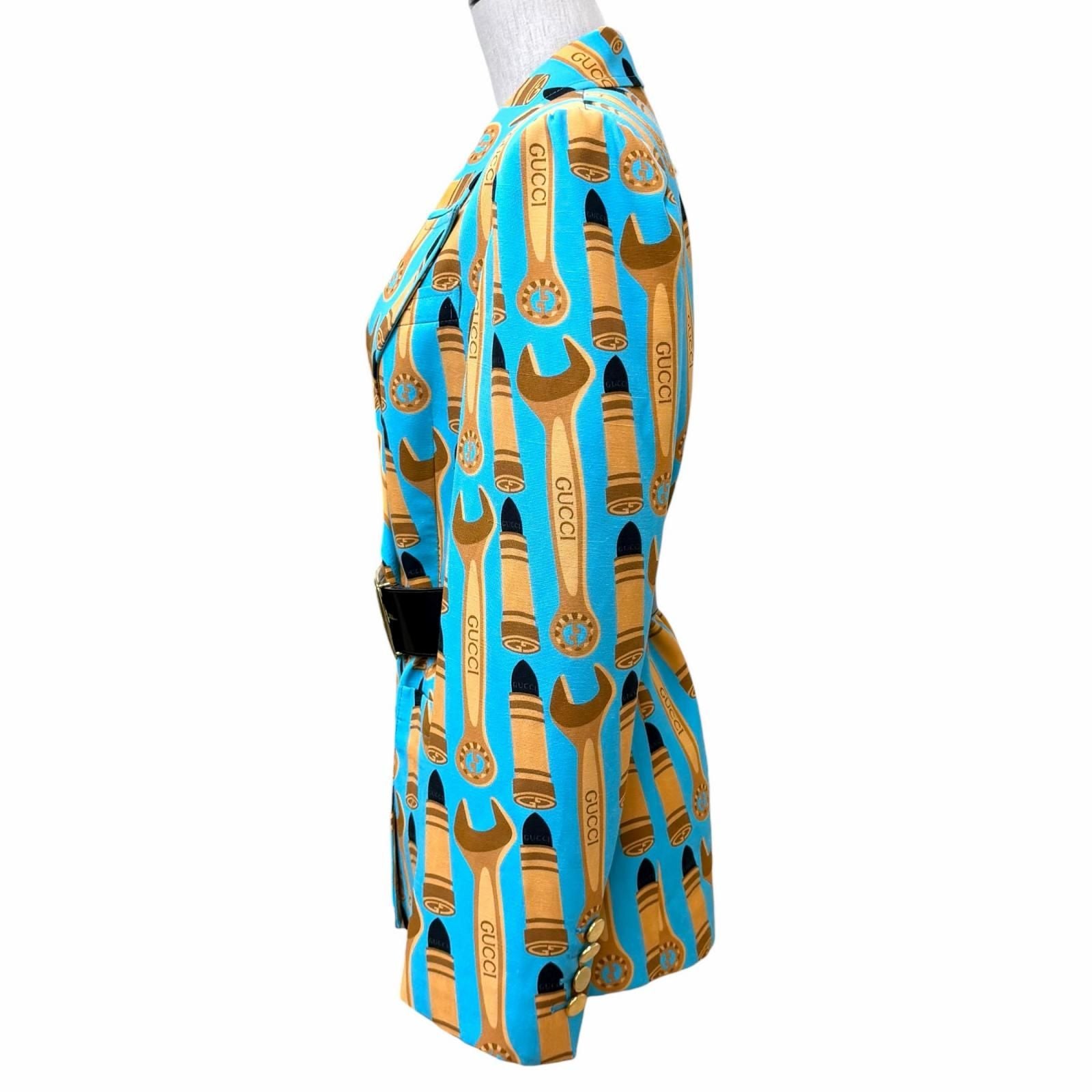 GUCCI Silk Blend All-Over Logo Lip Print Double Breasted Jacket 740422 Blue Women's Size 38