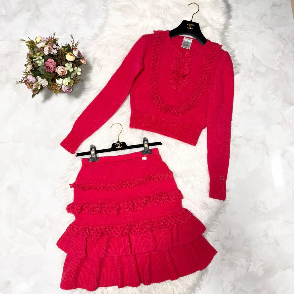 CHANEL Frilled Fluffy Long-Sleeve Knit Setup – Sweater & Skirt Size 38
