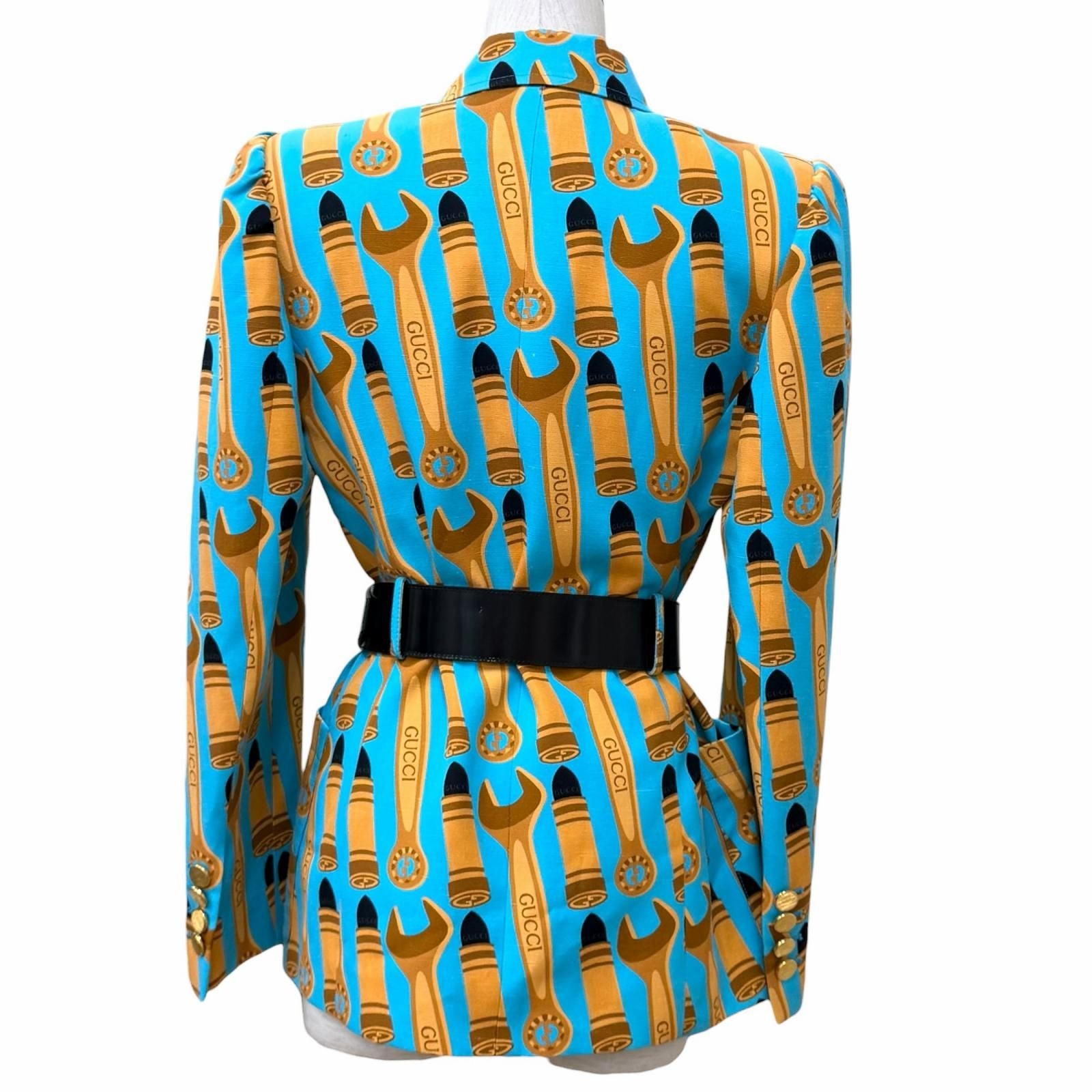 GUCCI Silk Blend All-Over Logo Lip Print Double Breasted Jacket 740422 Blue Women's Size 38