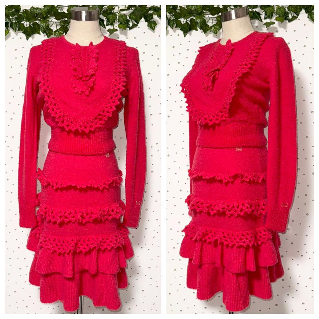 CHANEL Frilled Fluffy Long-Sleeve Knit Setup – Sweater & Skirt Size 38