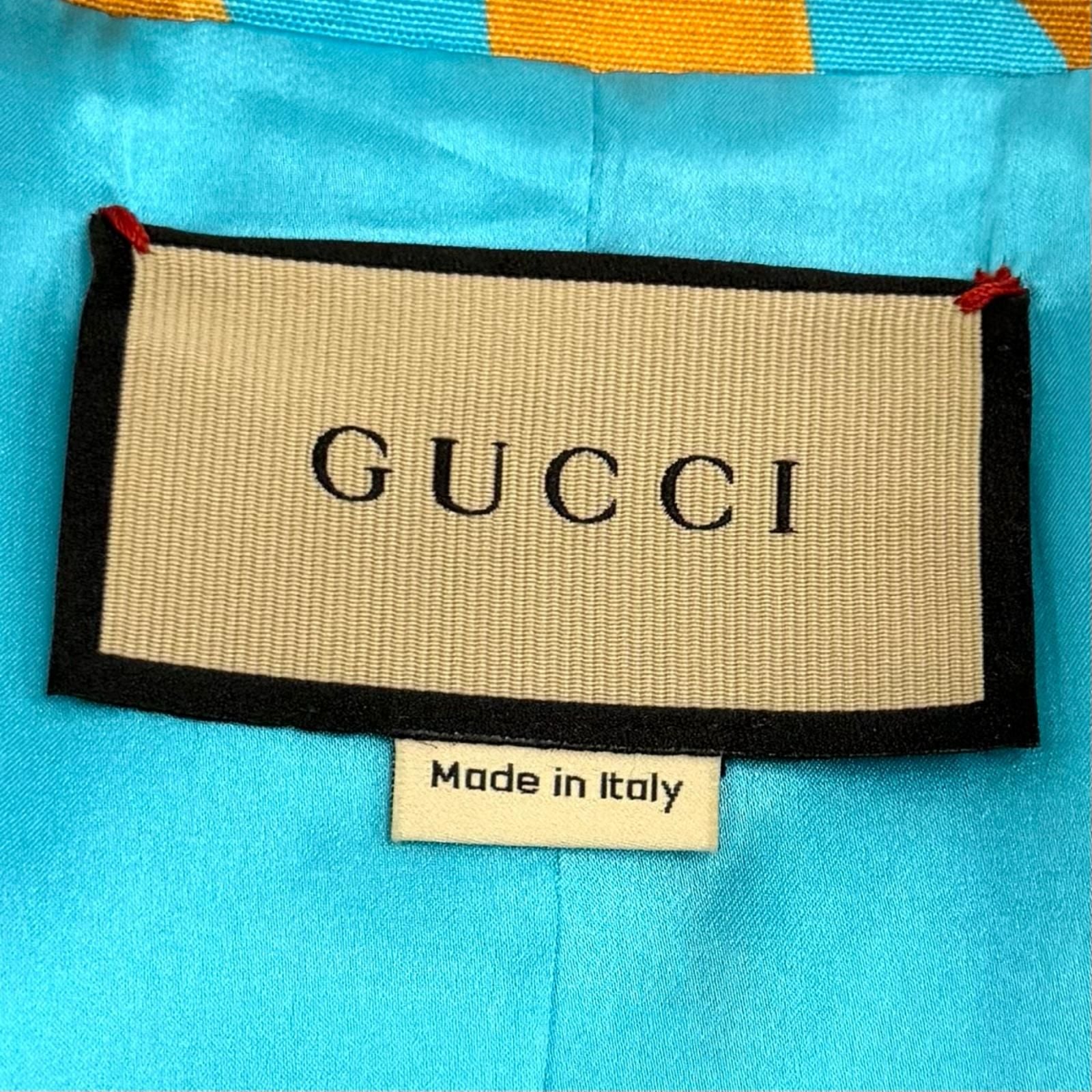 GUCCI Silk Blend All-Over Logo Lip Print Double Breasted Jacket 740422 Blue Women's Size 38