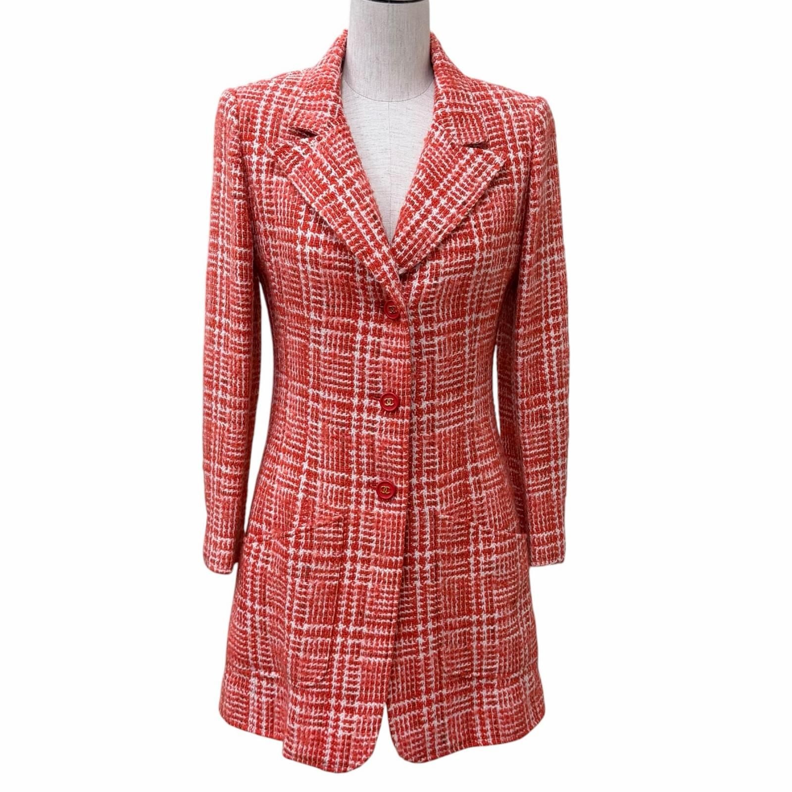 CHANEL Vintage 97P Tweed Coat P07620 Wool Mohair Blend CC Button Red & White Women's Size 36