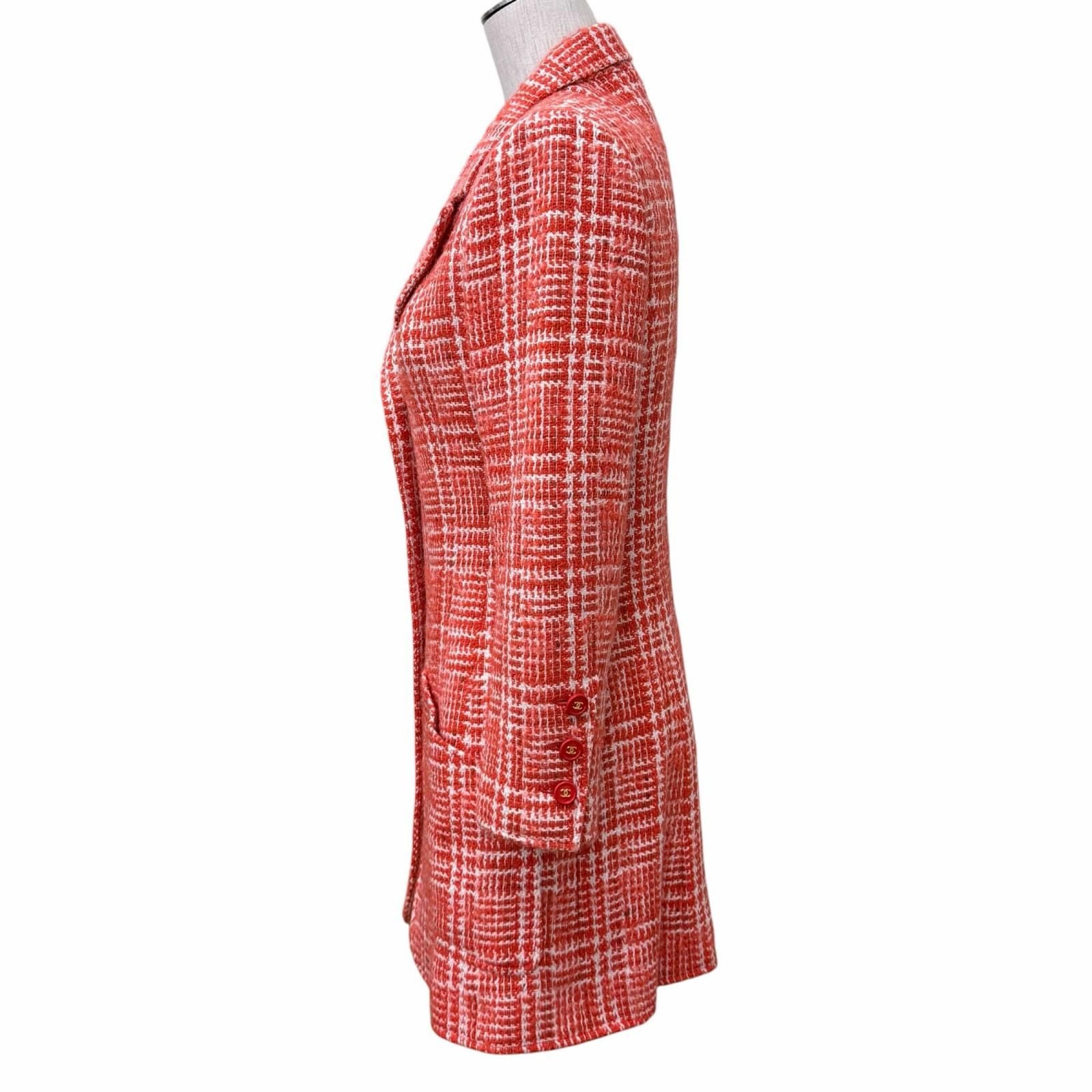 CHANEL Vintage 97P Tweed Coat P07620 Wool Mohair Blend CC Button Red & White Women's Size 36