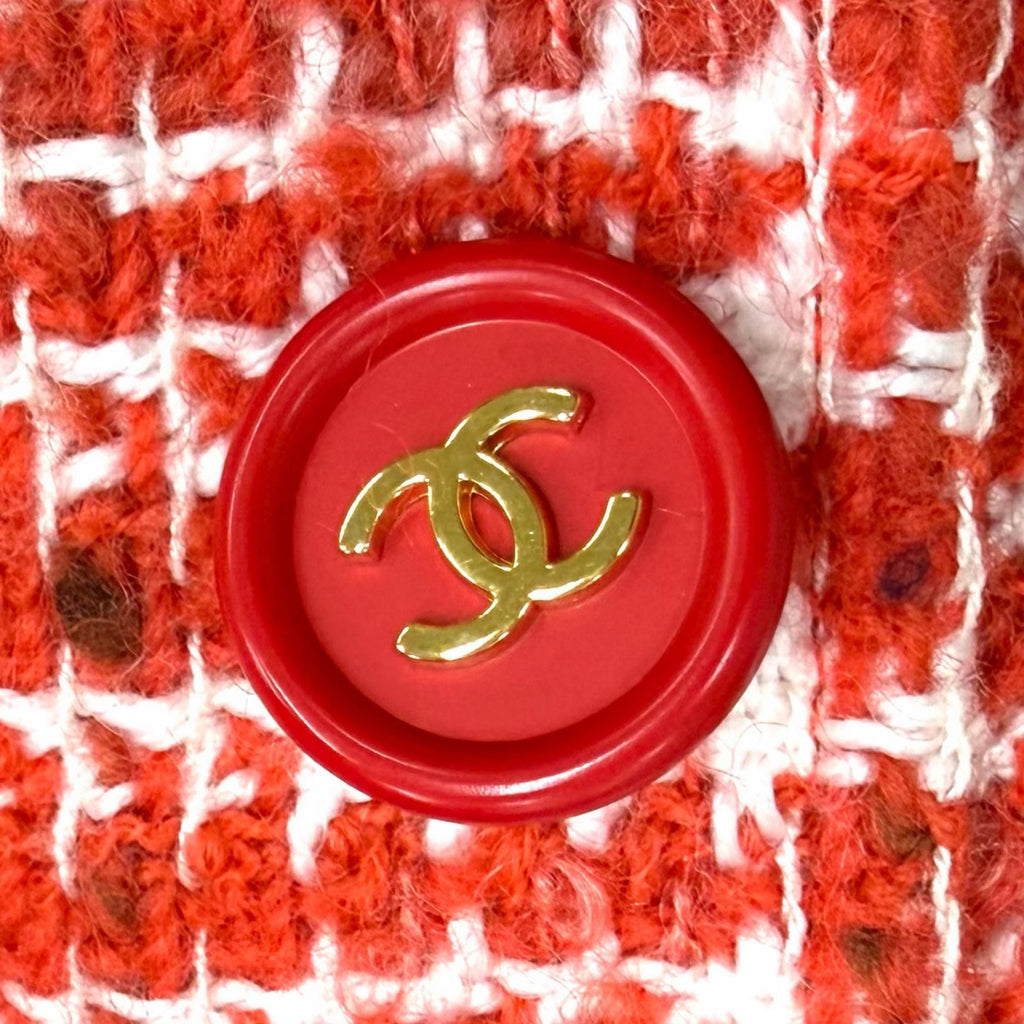 CHANEL Vintage 97P Tweed Coat P07620 Wool Mohair Blend CC Button Red & White Women's Size 36