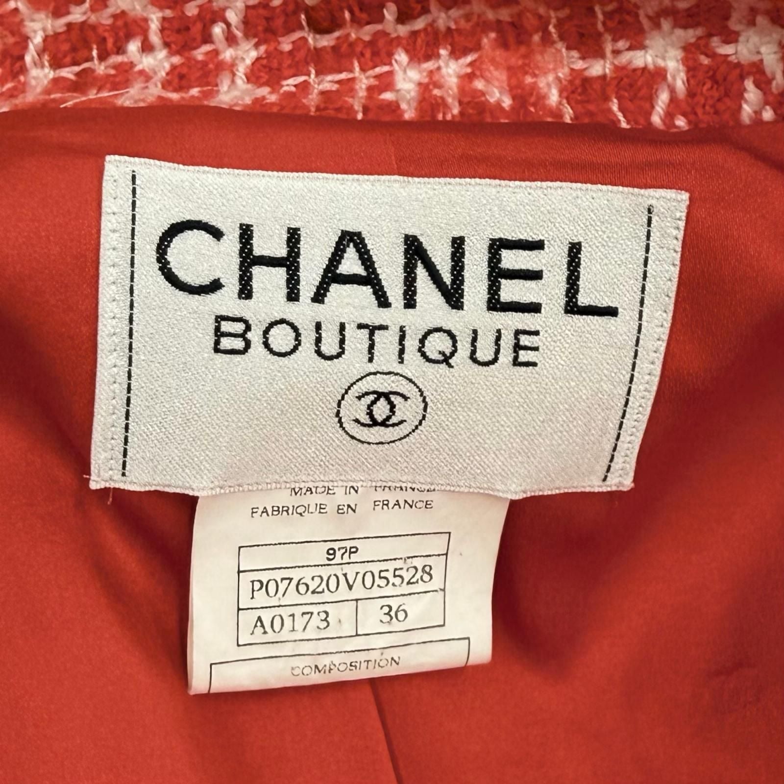 CHANEL Vintage 97P Tweed Coat P07620 Wool Mohair Blend CC Button Red & White Women's Size 36