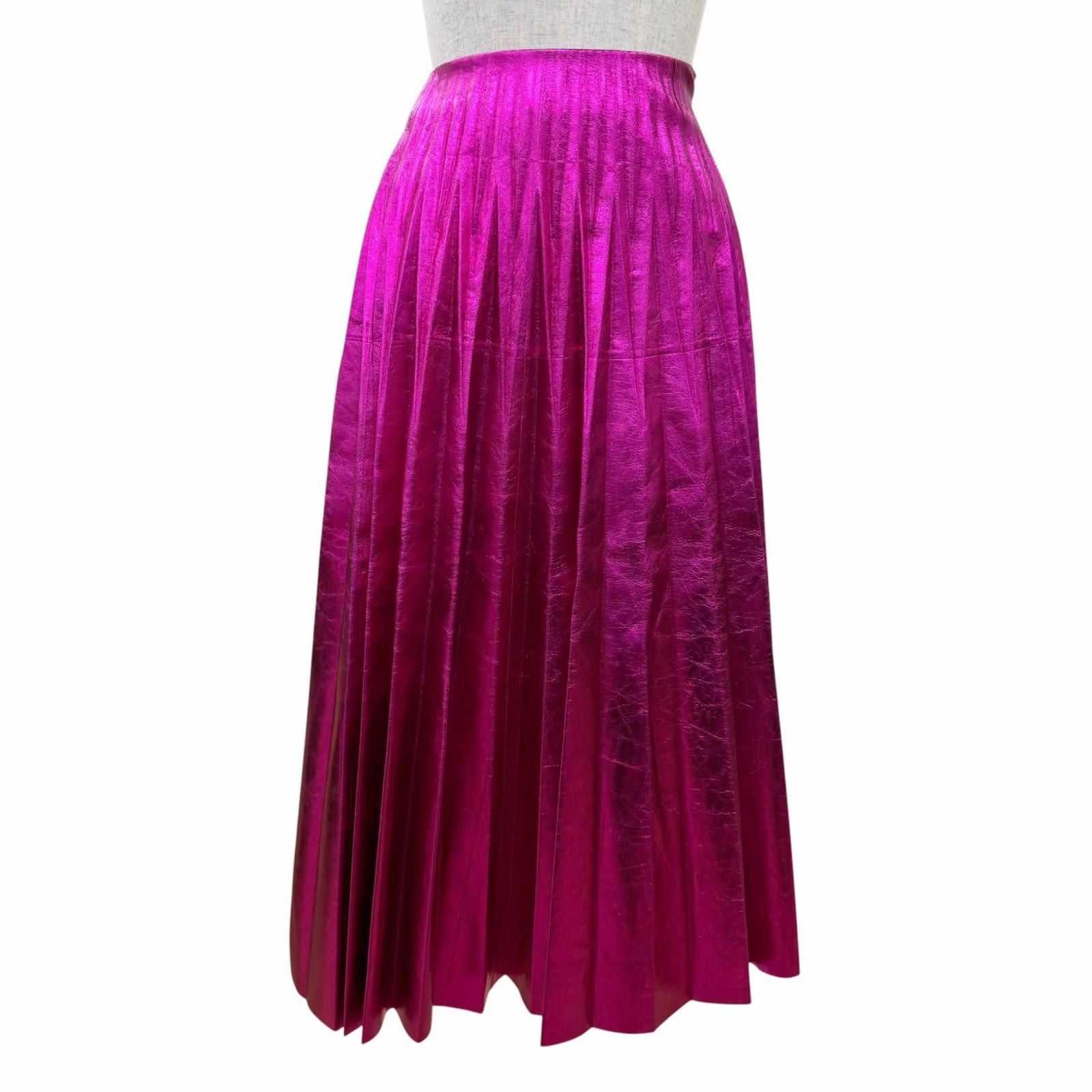 GUCCI Lamb Leather Long Pleated Skirt 433932 Metallic Pink Women's Size 36