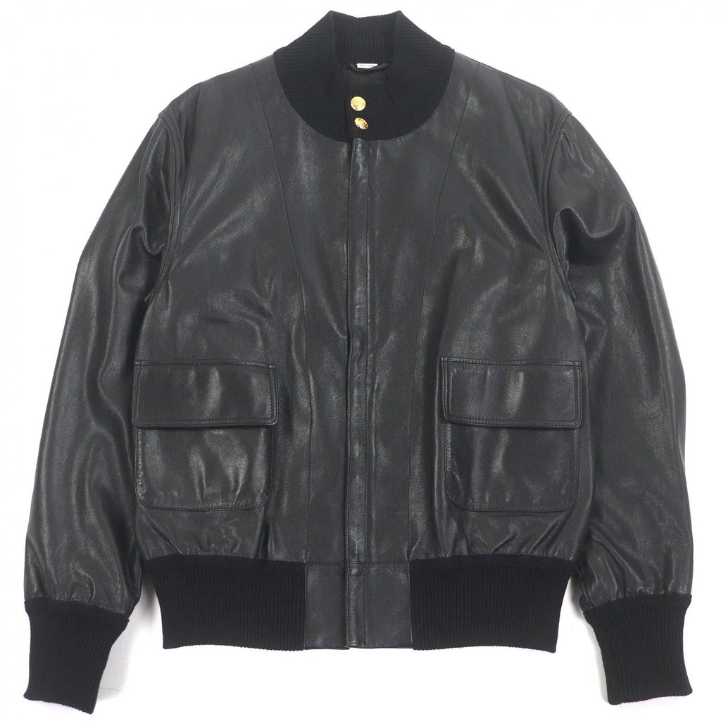 GUCCI GG Gold Button Lambskin Wool Bomber Riders Jacket Black Size 48
