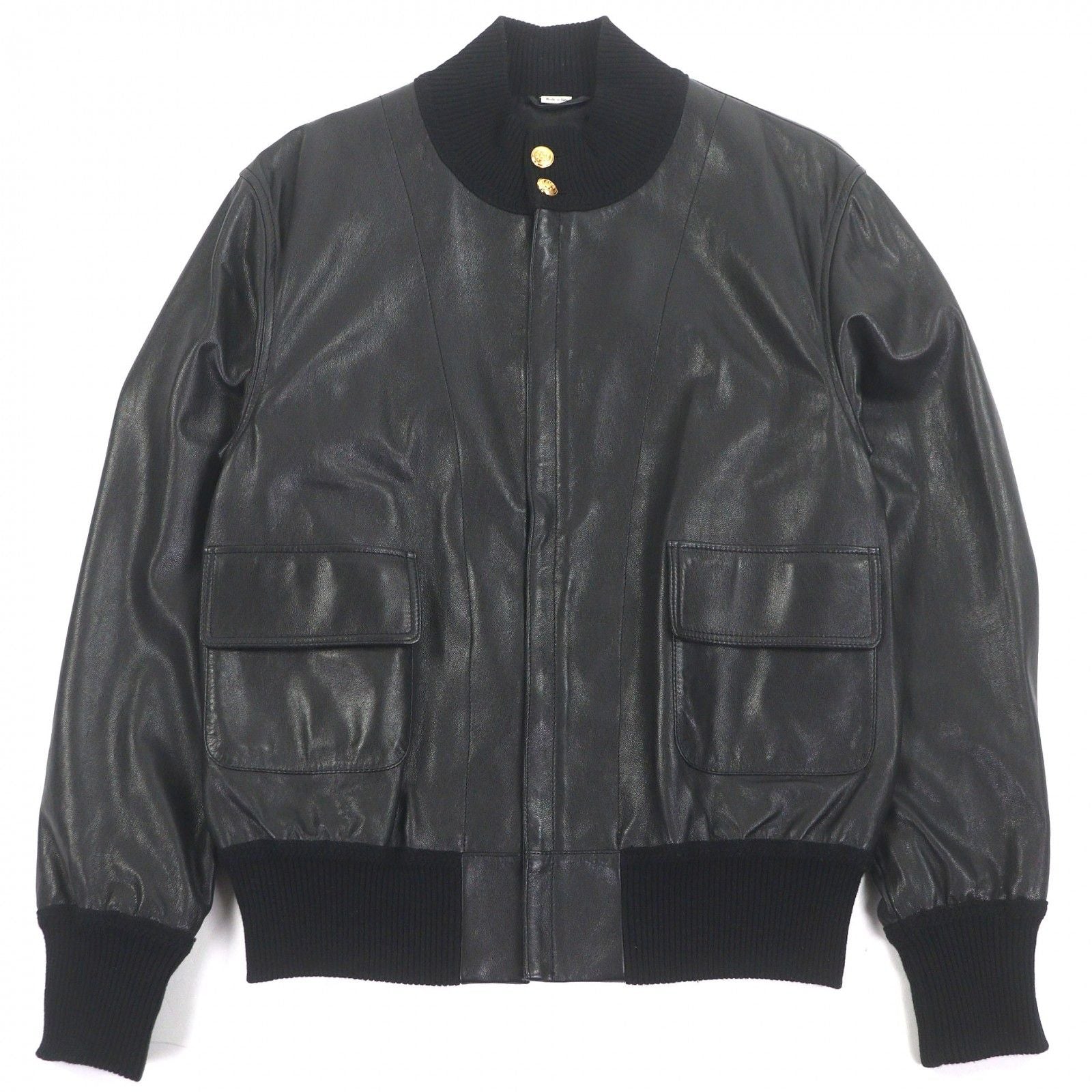 GUCCI GG Gold Button Lambskin Wool Bomber Riders Jacket Black Size 48