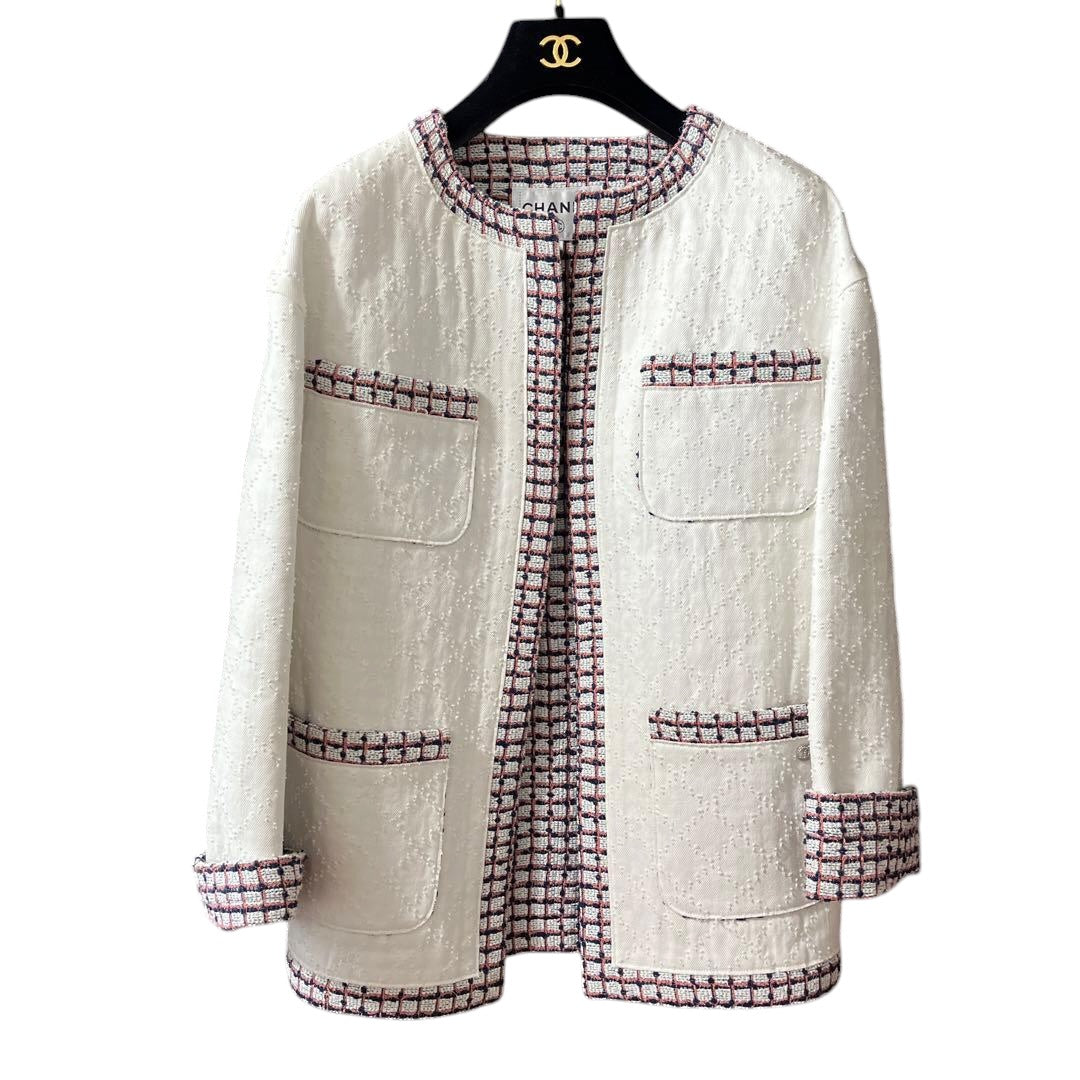 CHANEL No-Collar Jacket White Size 34