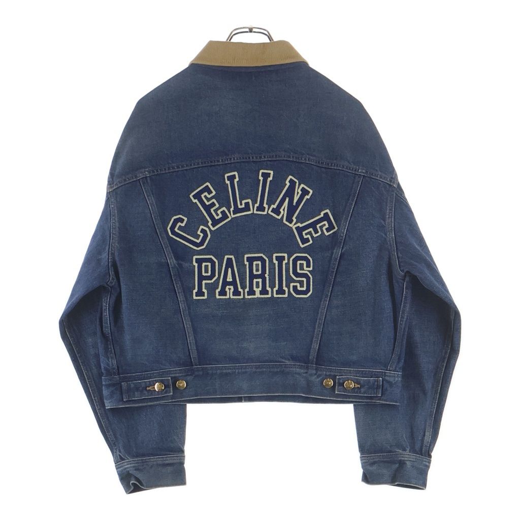 CELINE Trucker Jacket Back Logo Triomphe Button Corduroy Collar Denim Jacket Indigo Size M