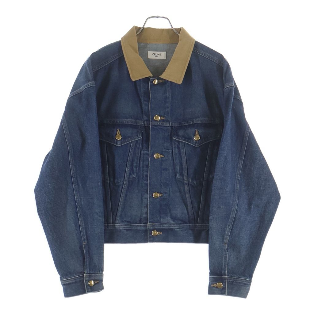 CELINE Trucker Jacket Back Logo Triomphe Button Corduroy Collar Denim Jacket Indigo Size M