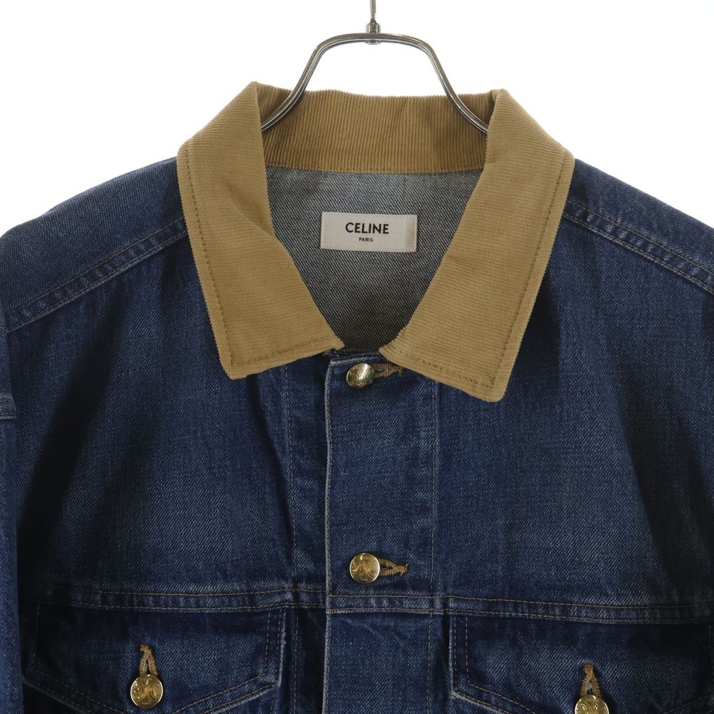 CELINE Trucker Jacket Back Logo Triomphe Button Corduroy Collar Denim Jacket Indigo Size M