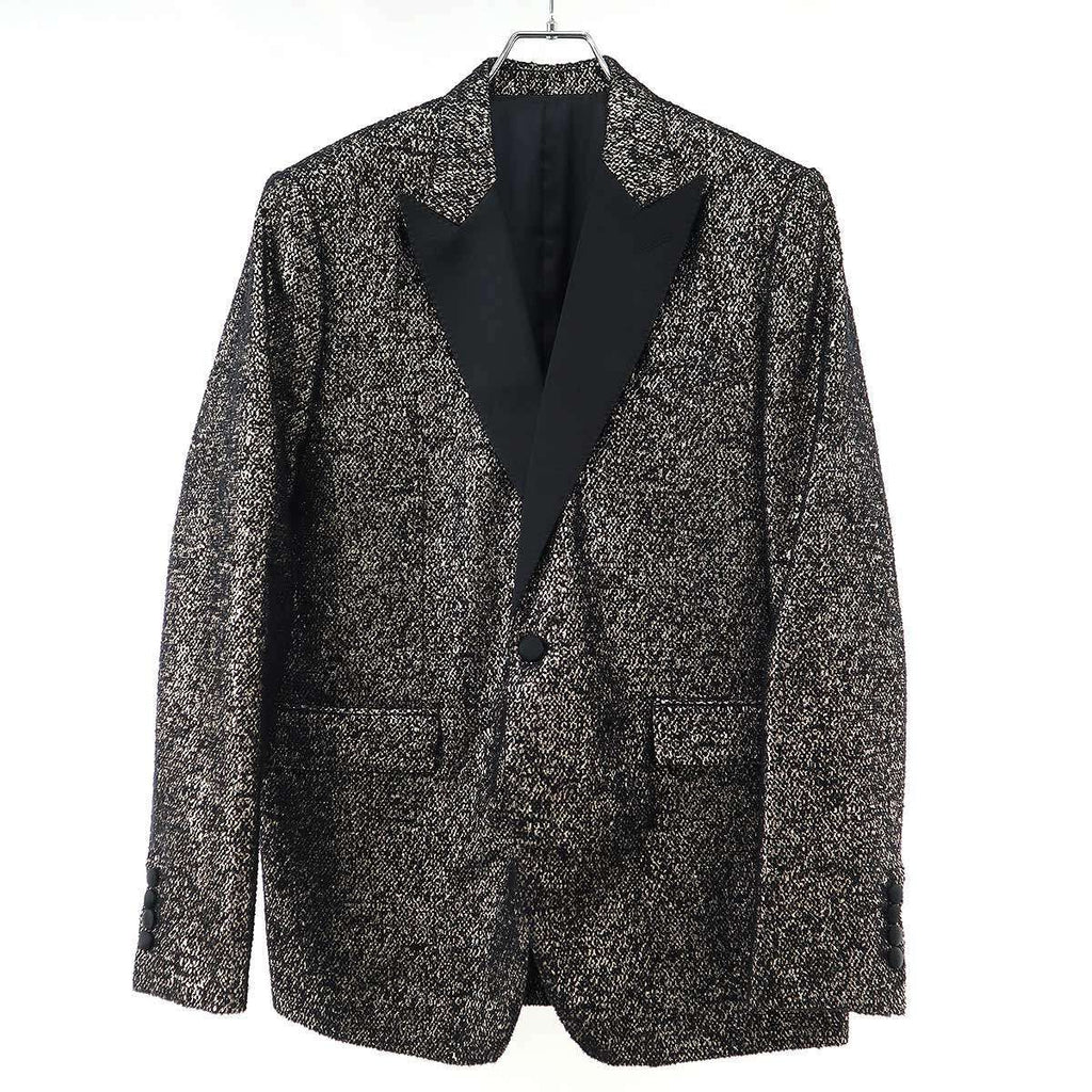 CELINE Satin Lapel Lamé Tuxedo Jacket Black Gold Size 50