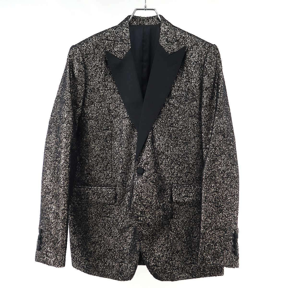 CELINE Satin Lapel Lamé Tuxedo Jacket Black Gold Size 50