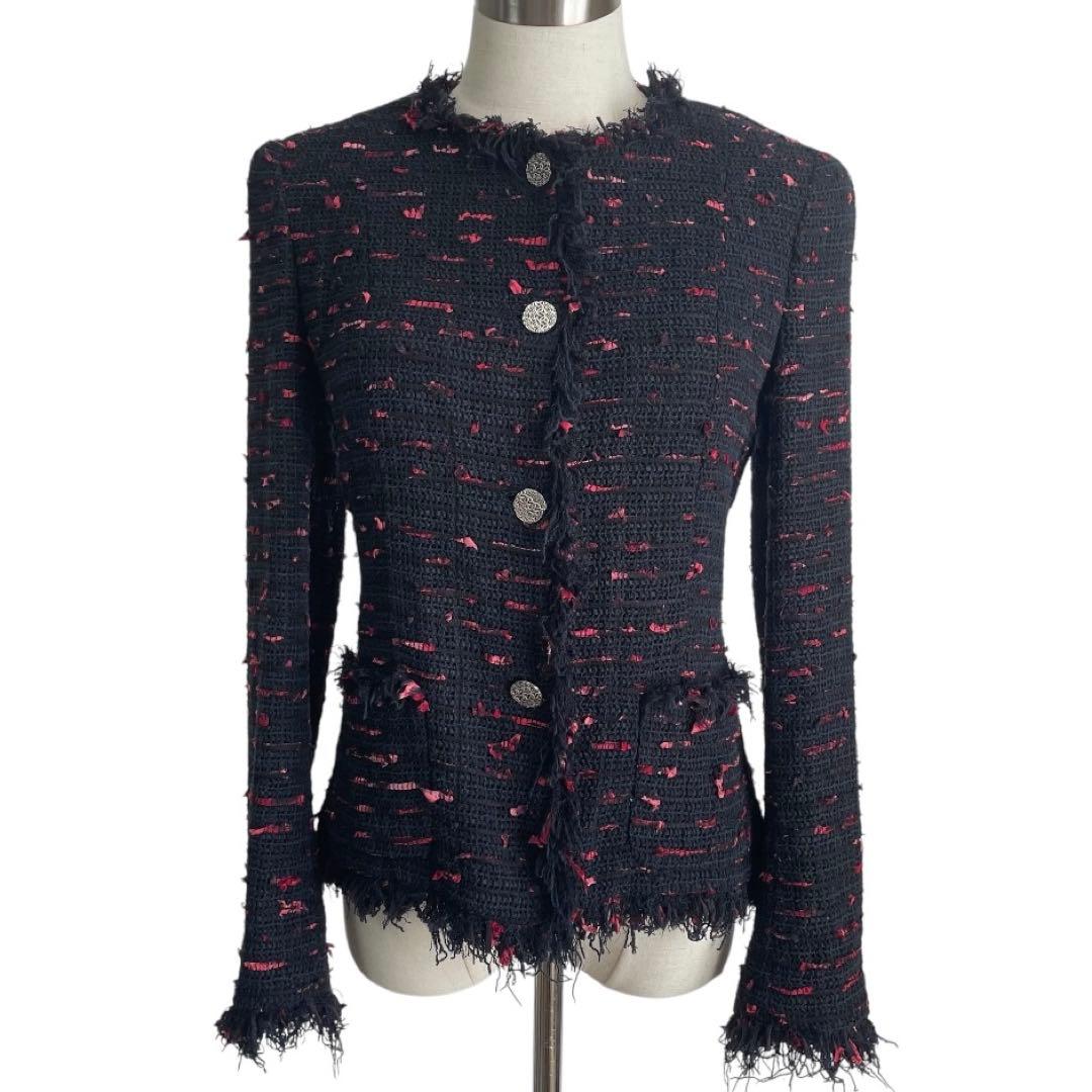 CHANEL 04P Tweed Fringe Jacket Black Red Size 38 - Good Condition