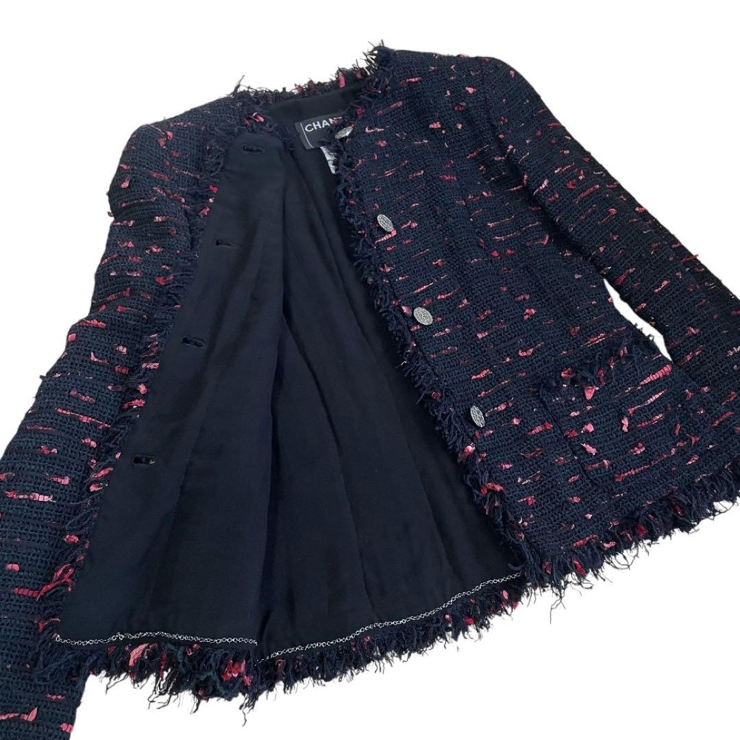 CHANEL 04P Tweed Fringe Jacket Black Red Size 38 - Good Condition