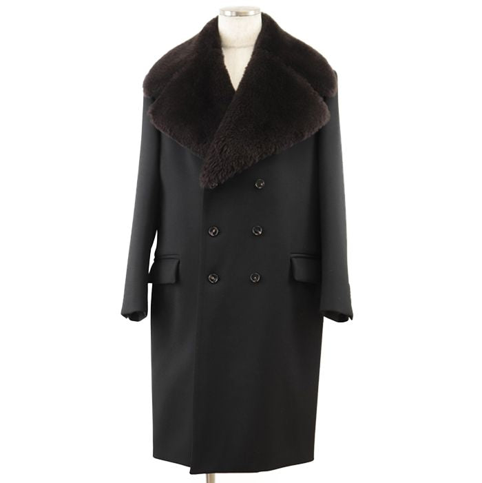 BOTTEGA VENETA 2021 2WAY Double Breasted Removable Mouton Lapel Wool Blend Long Coat Black Size 50 - Like New