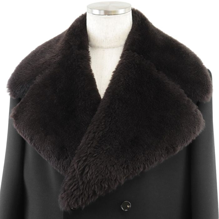 BOTTEGA VENETA 2021 2WAY Double Breasted Removable Mouton Lapel Wool Blend Long Coat Black Size 50 - Like New