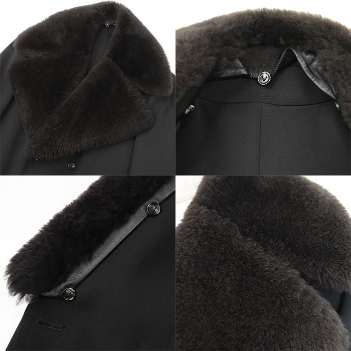 BOTTEGA VENETA 2021 2WAY Double Breasted Removable Mouton Lapel Wool Blend Long Coat Black Size 50 - Like New