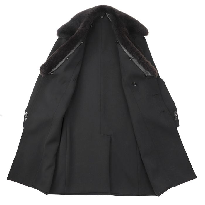 BOTTEGA VENETA 2021 2WAY Double Breasted Removable Mouton Lapel Wool Blend Long Coat Black Size 50 - Like New
