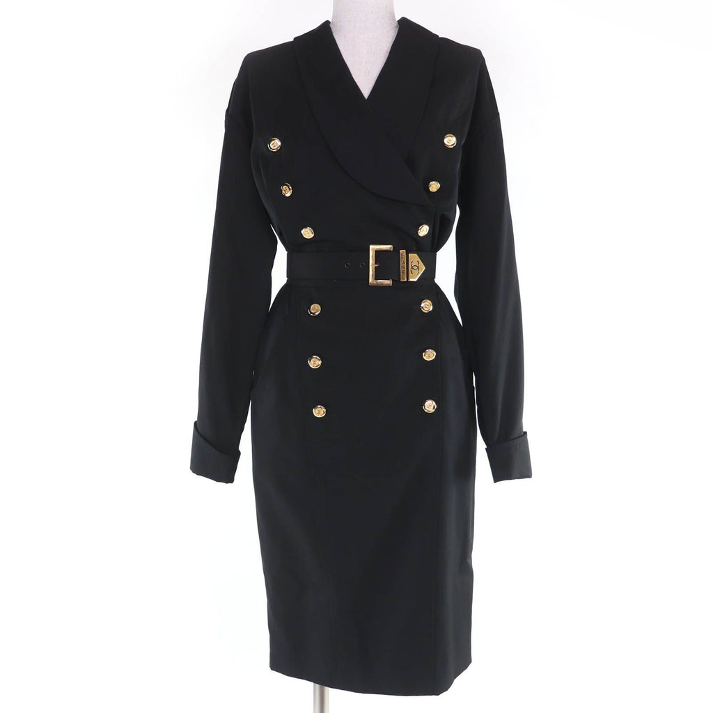Vintage CHANEL Wool Coco Mark Button Belted Long Sleeve Tight Dress Black Size 34