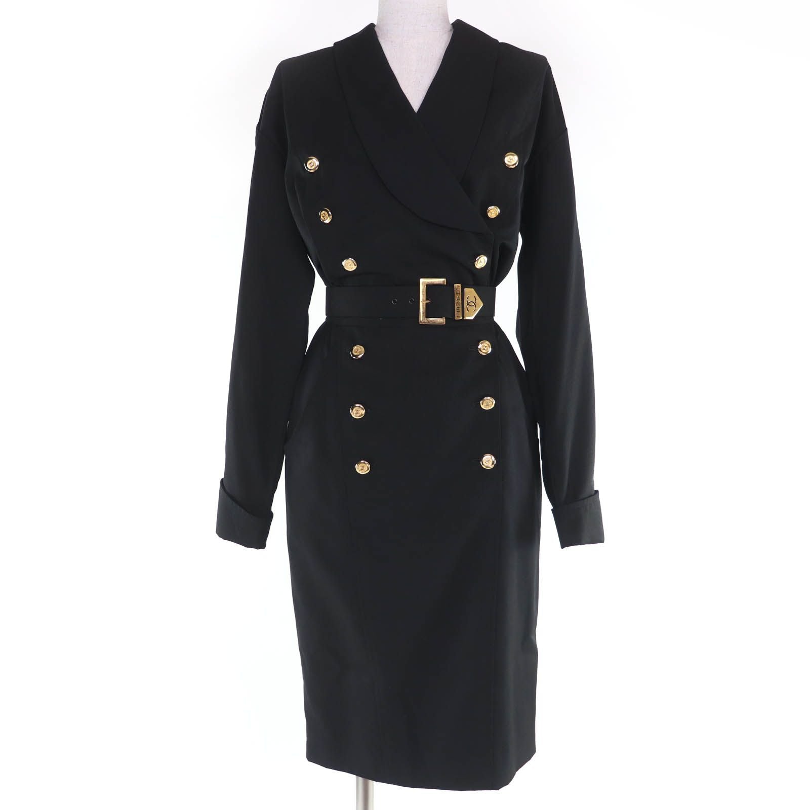 Vintage CHANEL Wool Coco Mark Button Belted Long Sleeve Tight Dress Black Size 34