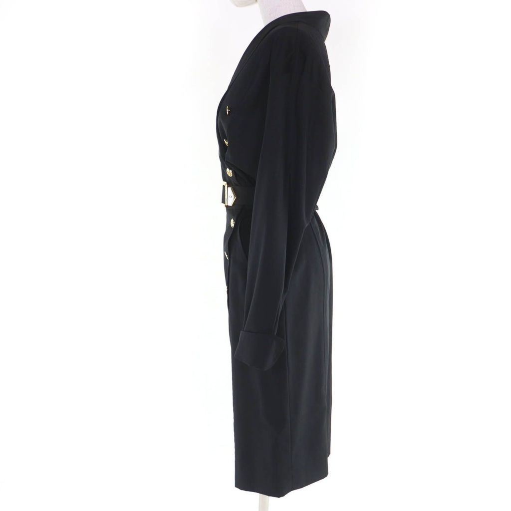 Vintage CHANEL Wool Coco Mark Button Belted Long Sleeve Tight Dress Black Size 34