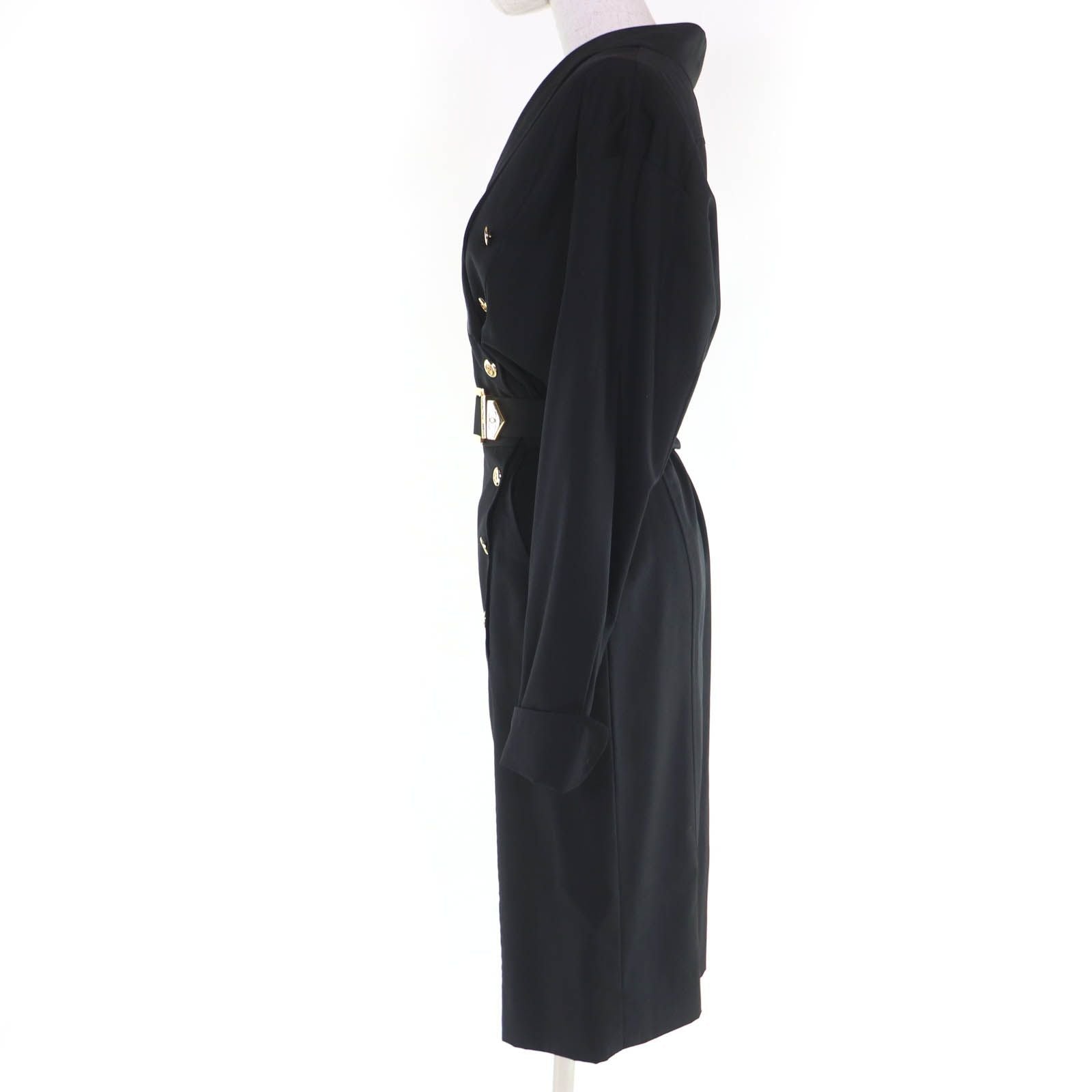 Vintage CHANEL Wool Coco Mark Button Belted Long Sleeve Tight Dress Black Size 34