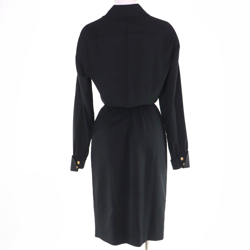 Vintage CHANEL Wool Coco Mark Button Belted Long Sleeve Tight Dress Black Size 34