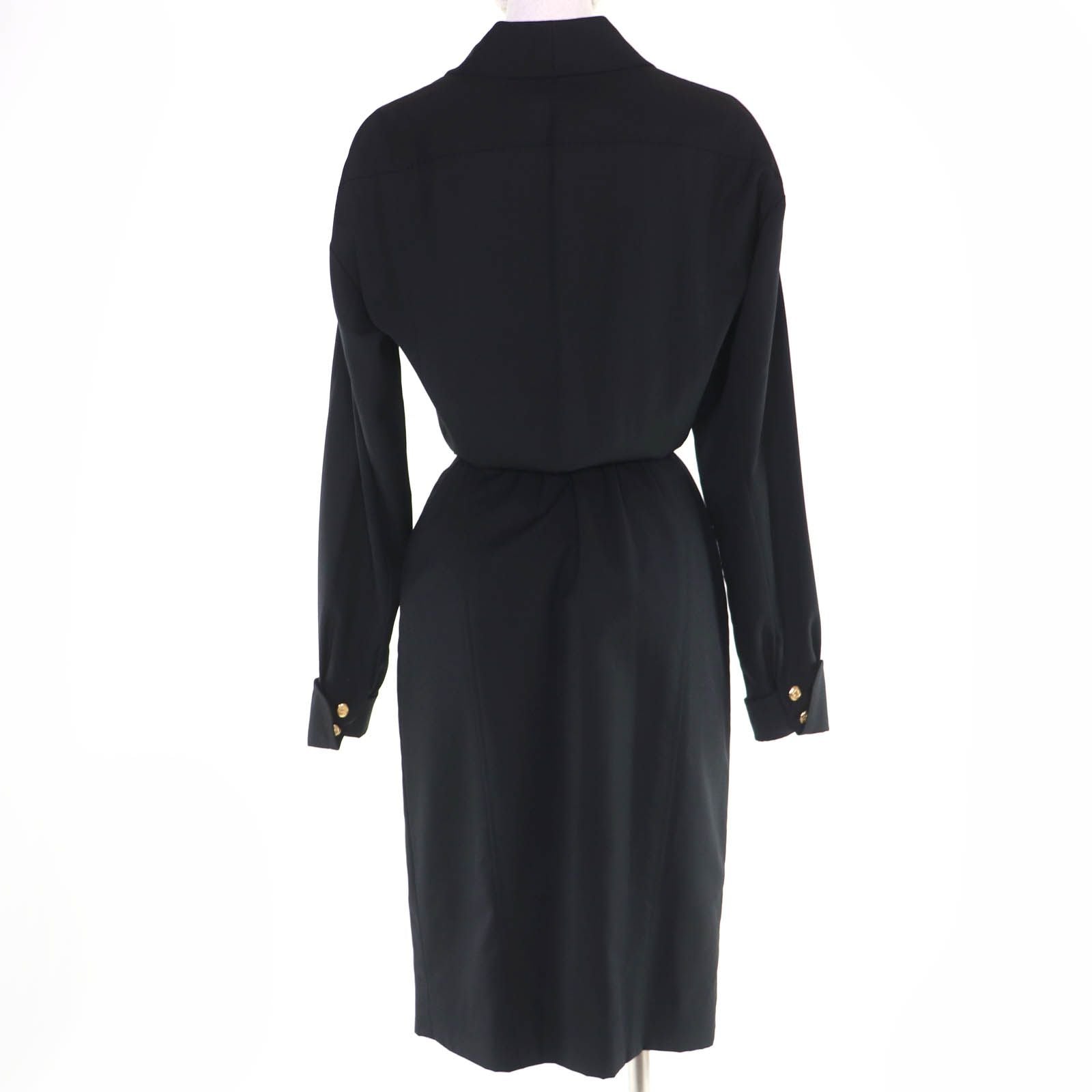 Vintage CHANEL Wool Coco Mark Button Belted Long Sleeve Tight Dress Black Size 34