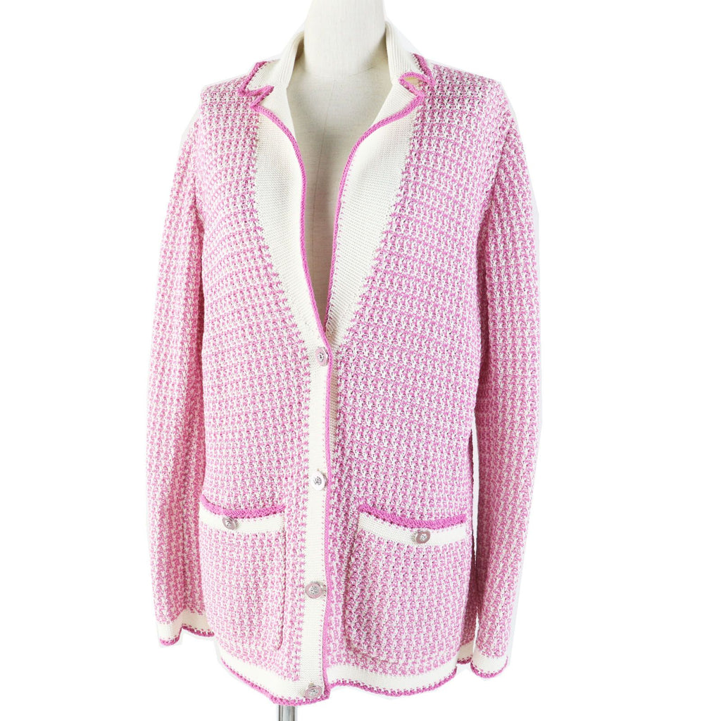 CHANEL 22SS P72239 コットン ライオンロゴボタン カーディガン / ニットジャケット ピンク ホワイト サイズ36 - 未使用に近い
