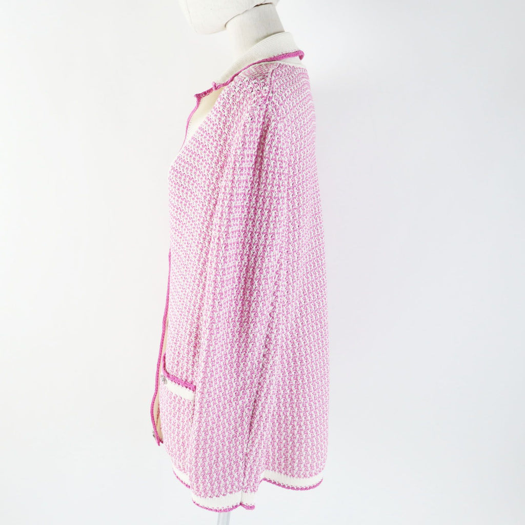 CHANEL 22SS P72239 コットン ライオンロゴボタン カーディガン / ニットジャケット ピンク ホワイト サイズ36 - 未使用に近い