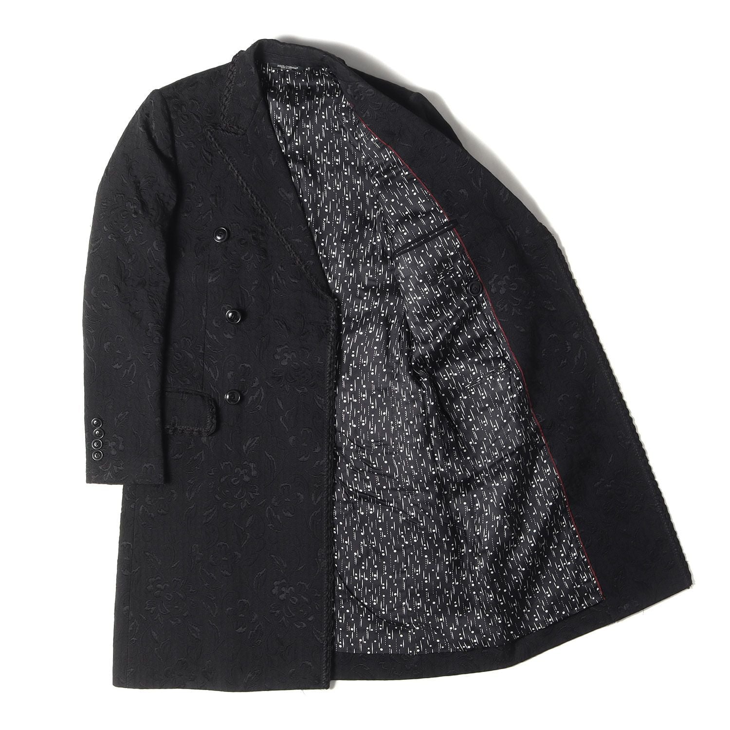DOLCE & GABBANA Jacquard Floral All-Over Double Breasted Chester Coat Black Size 46